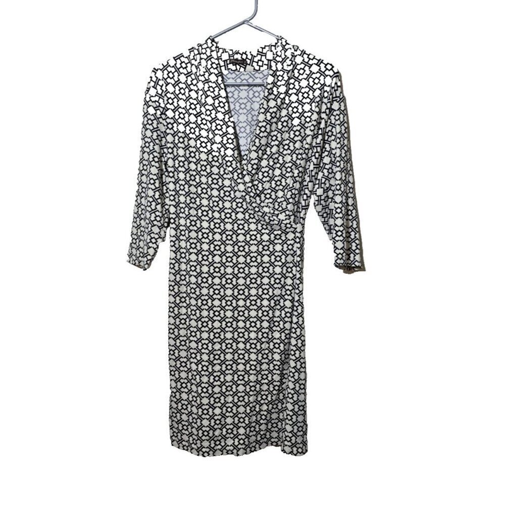 J McLaughlin Sz M Faux Wrap Dress Catalina Cloth Stretch Geometric Print Preppy